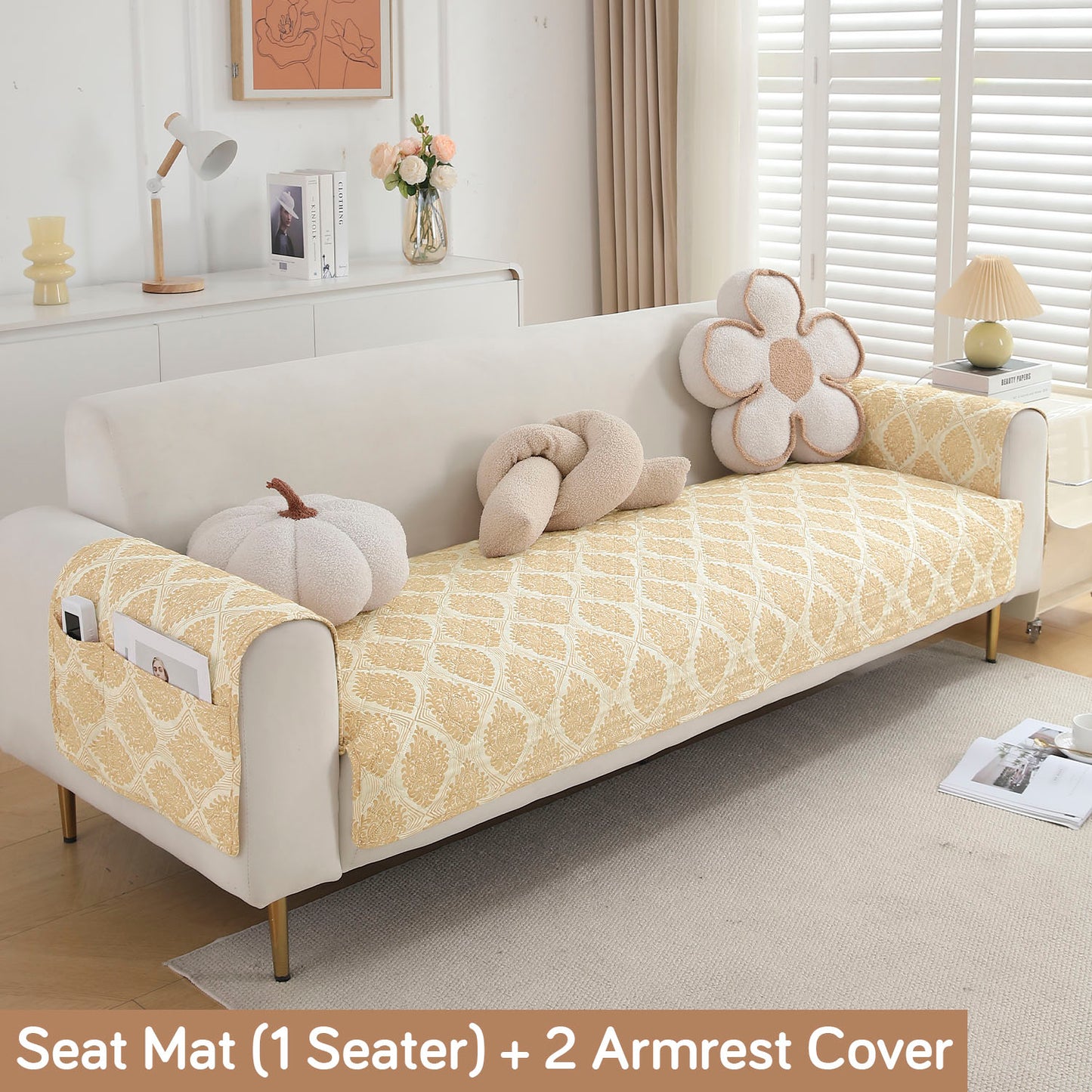 Quilted Sofa Seat Mat with Two Armrest Covers with Pockets for 1/2/3 Seater Sofa, Ogee Ivory