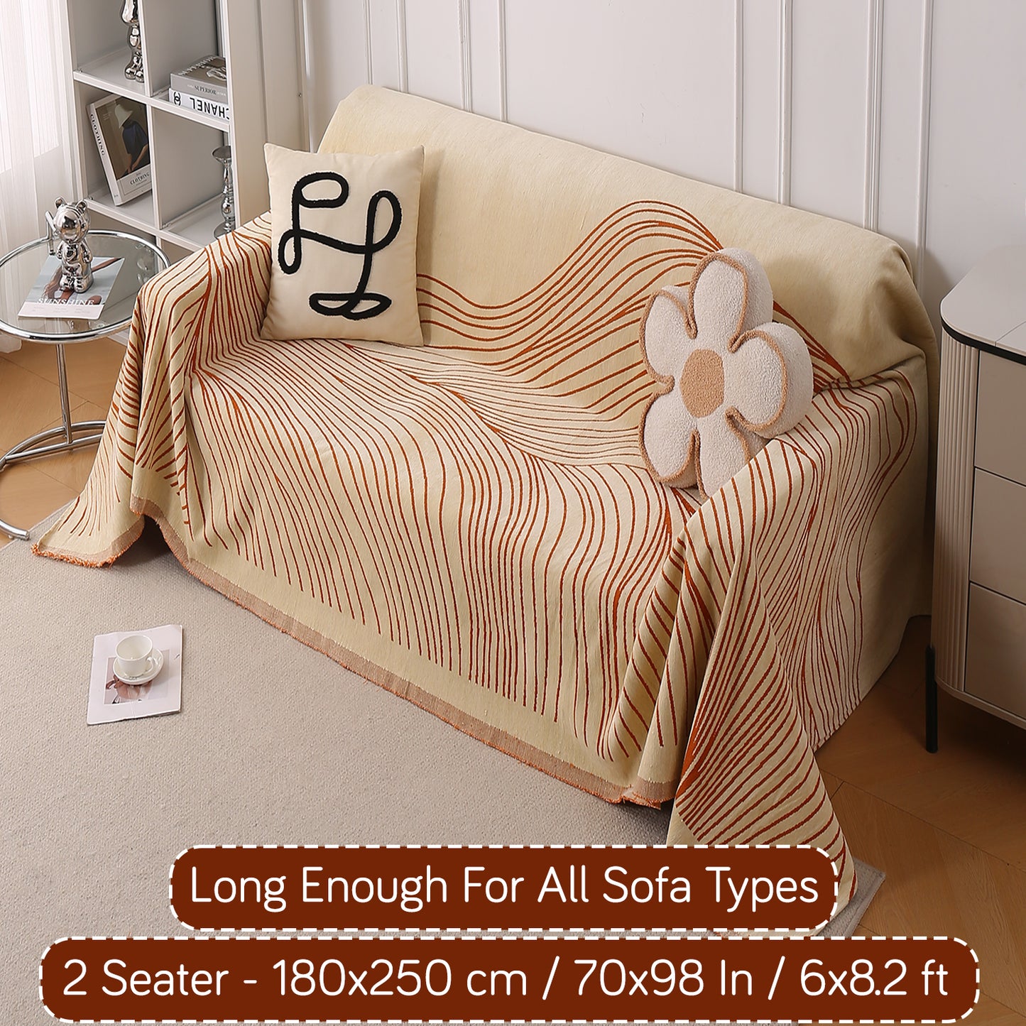 WaveLoom Collection Printed Chenille Sofa Cover Throw, Orange