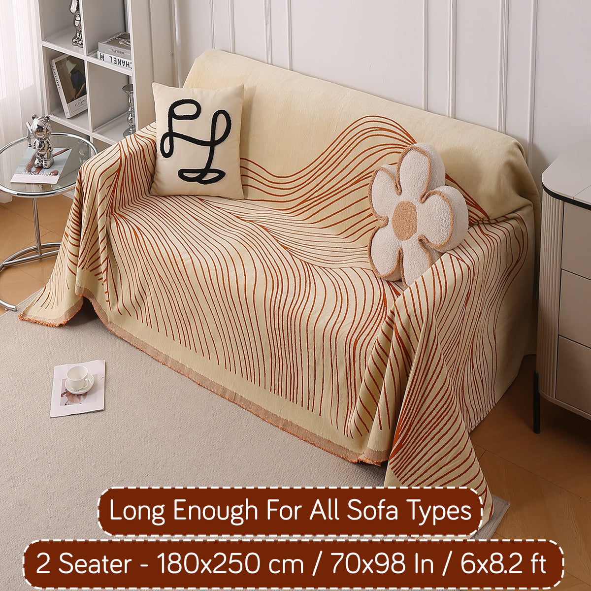 Buy Premium Orange Colour WaveLoom Chenille 2 Seater Sofa Throw | HOKIPO