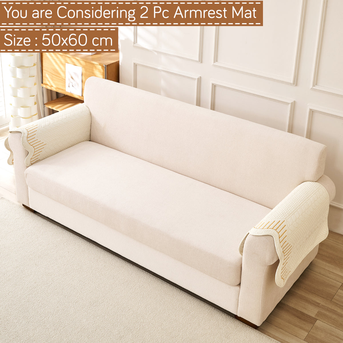Cotton Reverie with a Curved Wavy Edge Sofa Mat, Golden Cream Bloom