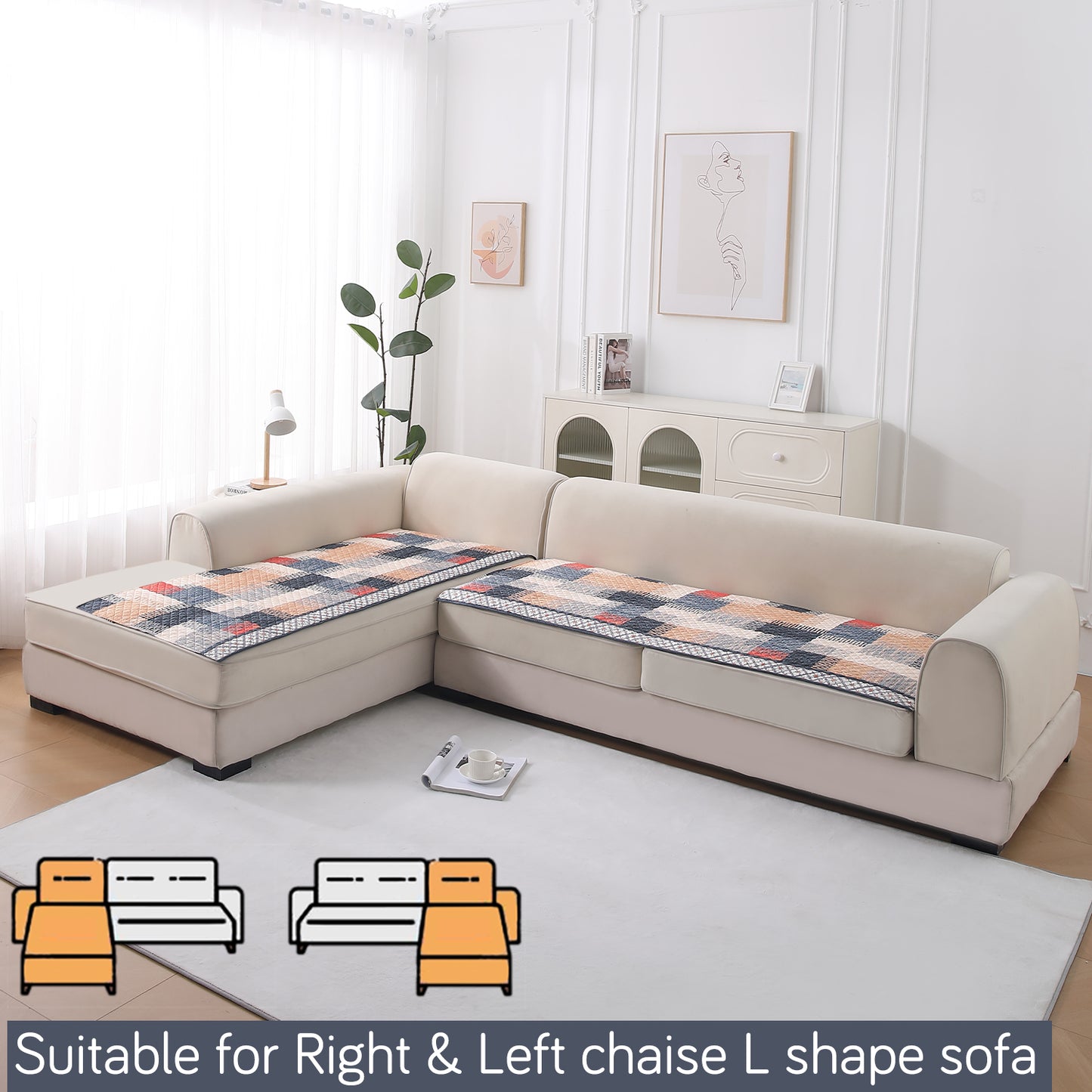 LiefNest Printed Holland Velvet L Shape Sofa Seat Mat with Foam Filling - Urban Grid Multicolor