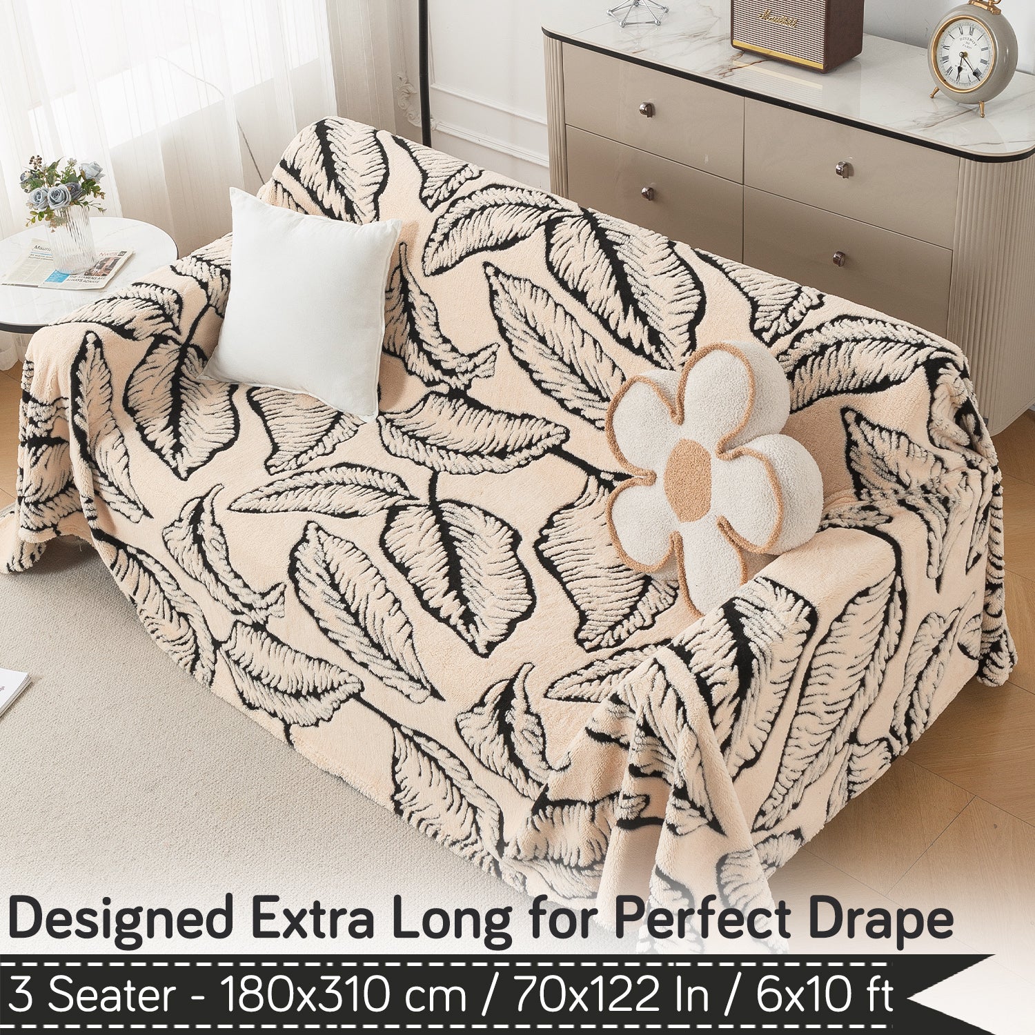 Buy Botanical Leaf Design Noirea Series Plush Sherpa Sofa Throw – 3 Seater Sofas | HOKIPO