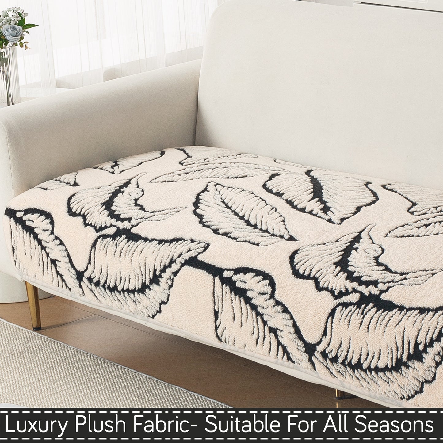 Luxury Plush Sherpa Anti-Slip Sofa Cover Mat, 'Noirea Series'| Botanical Leaf