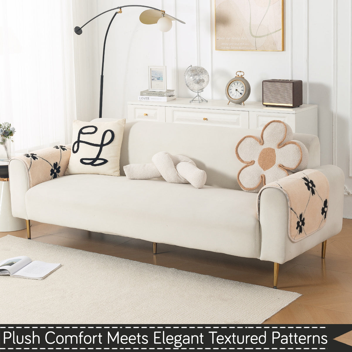 Luxury Plush Sherpa Anti-Slip Sofa Cover Mat, 'Noirea Series'| Floral Lattice