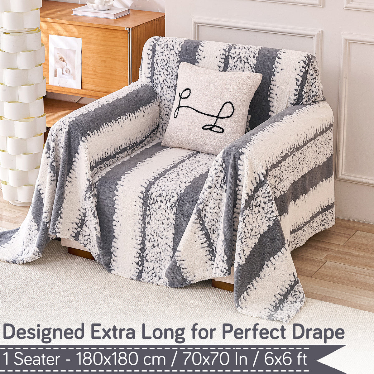 Plush Sofa Cover Throw for Complete Sofa 'Luxury Wavy Plush', Pewter Grey