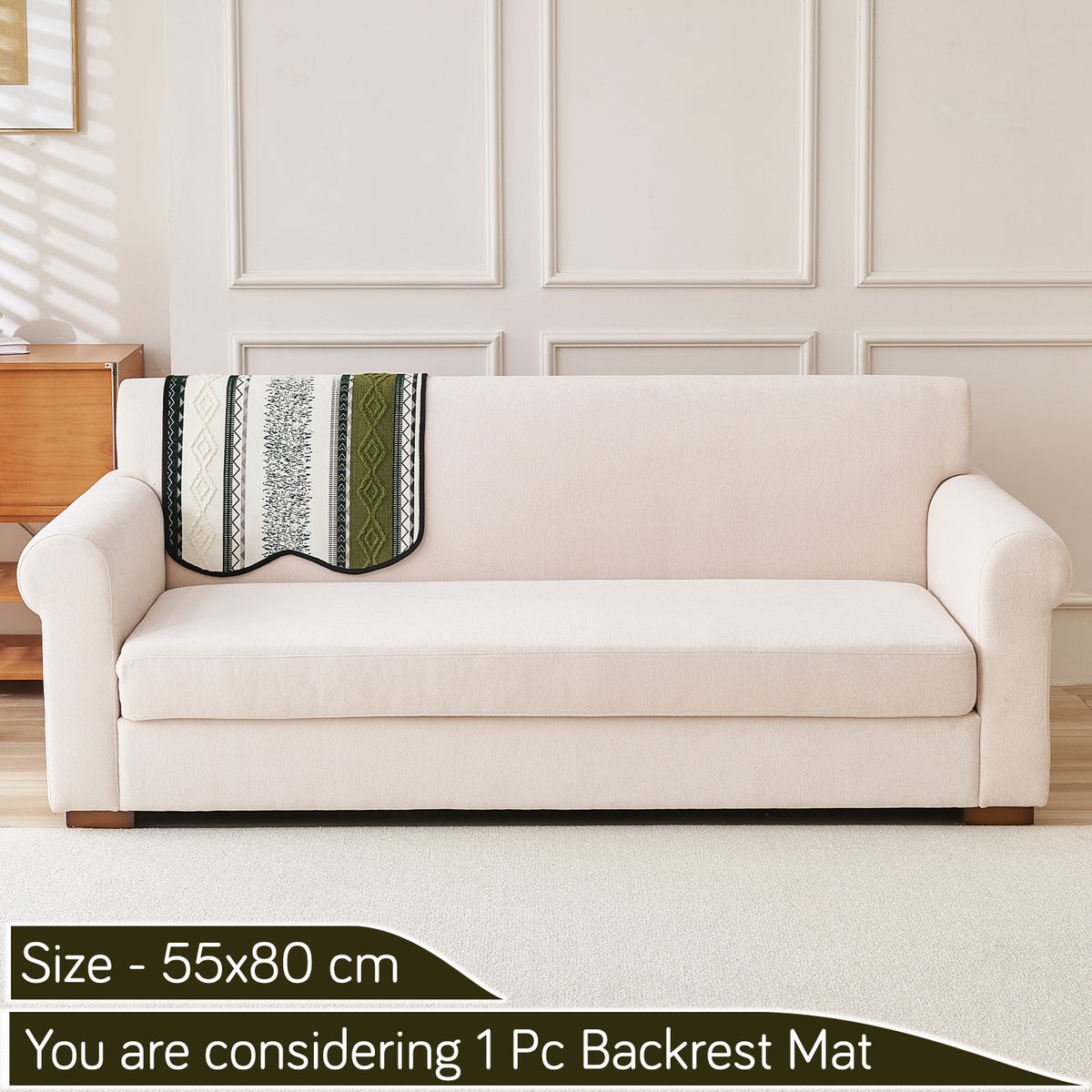 'Valenca Wavy Luxe Series' Boho Geometry Sofa Cover Mat, Moss Green