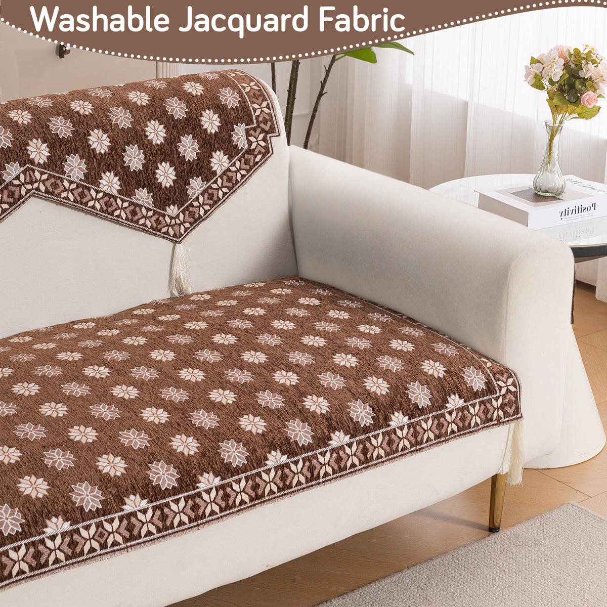 Heritage Weave Premium Jacquard Sofa Cover Set with Tassels - Russet Brown