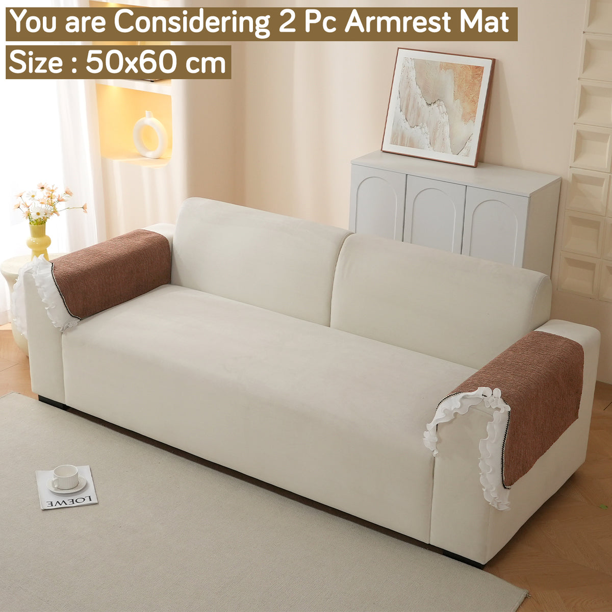 French Classic Frill Wavy Sofa Cover Mat with Curve & Lace - Mocha Luxe Brown