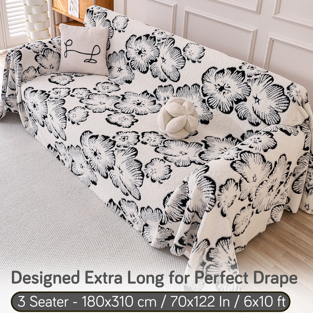 Buy Ivory Blossom Colour Camellia Blossom Luxury Plush Sofa Throw​ for 3  seater​ sofa | HOKIPO