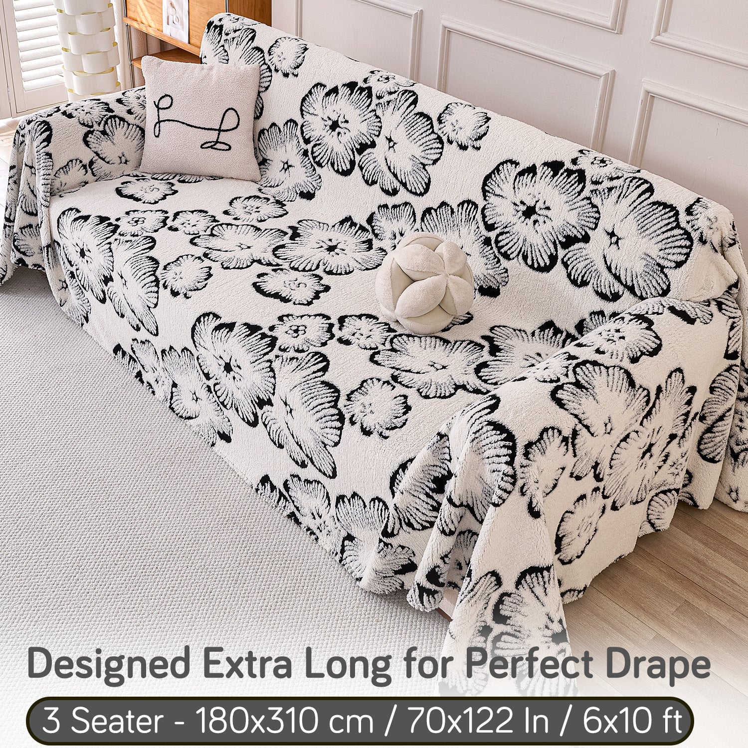 Buy Ivory Blossom Colour Camellia Blossom Luxury Plush Sofa Throw​ for 3  seater​ sofa | HOKIPO