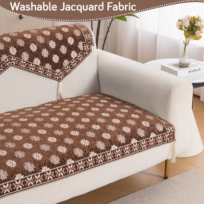 Heritage Weave Premium Jacquard Sofa Cover Set with Tassels - Russet Brown