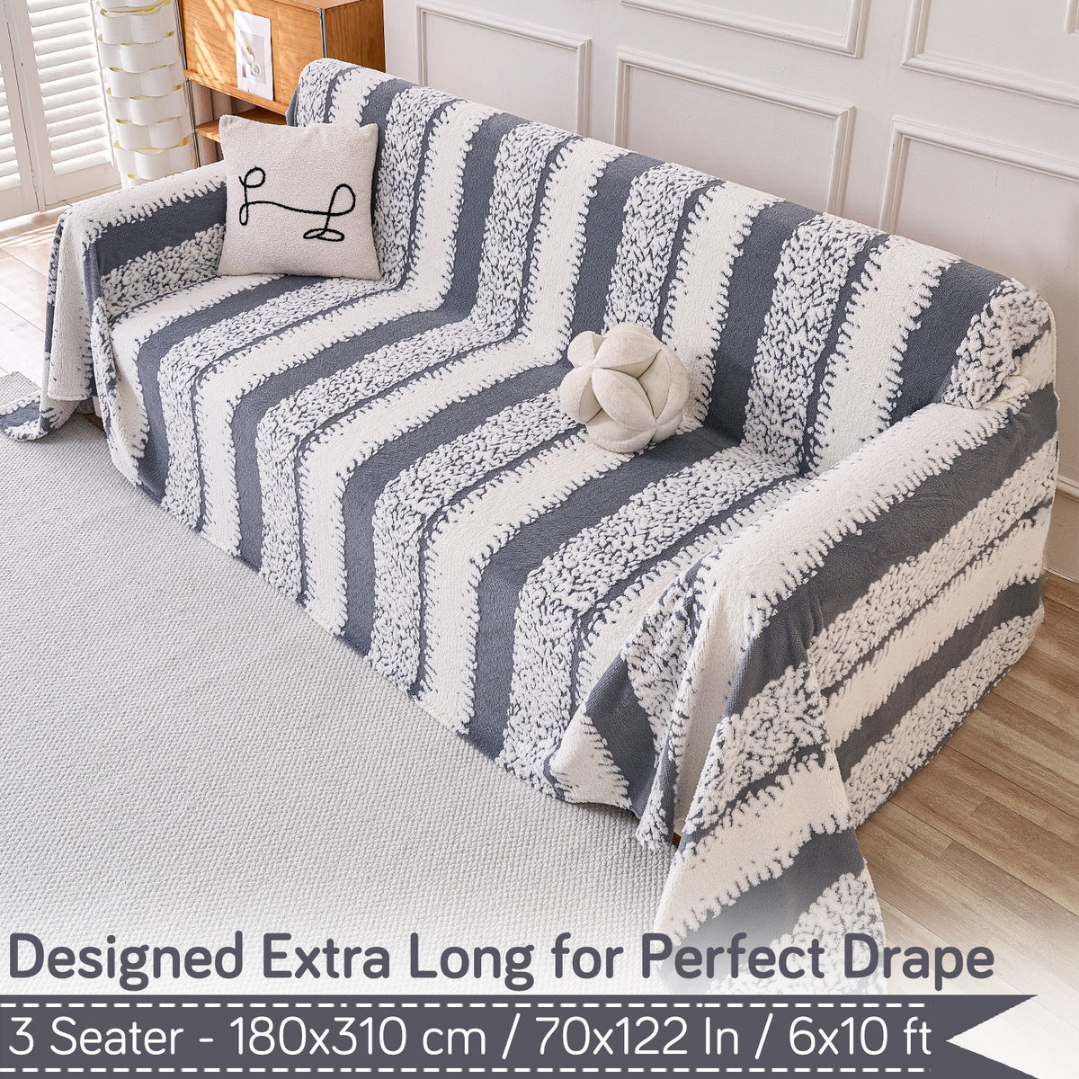 Buy Pewter Grey Colour Luxury Wavy Plush Sofa Throw Cover | HOKIPO 
