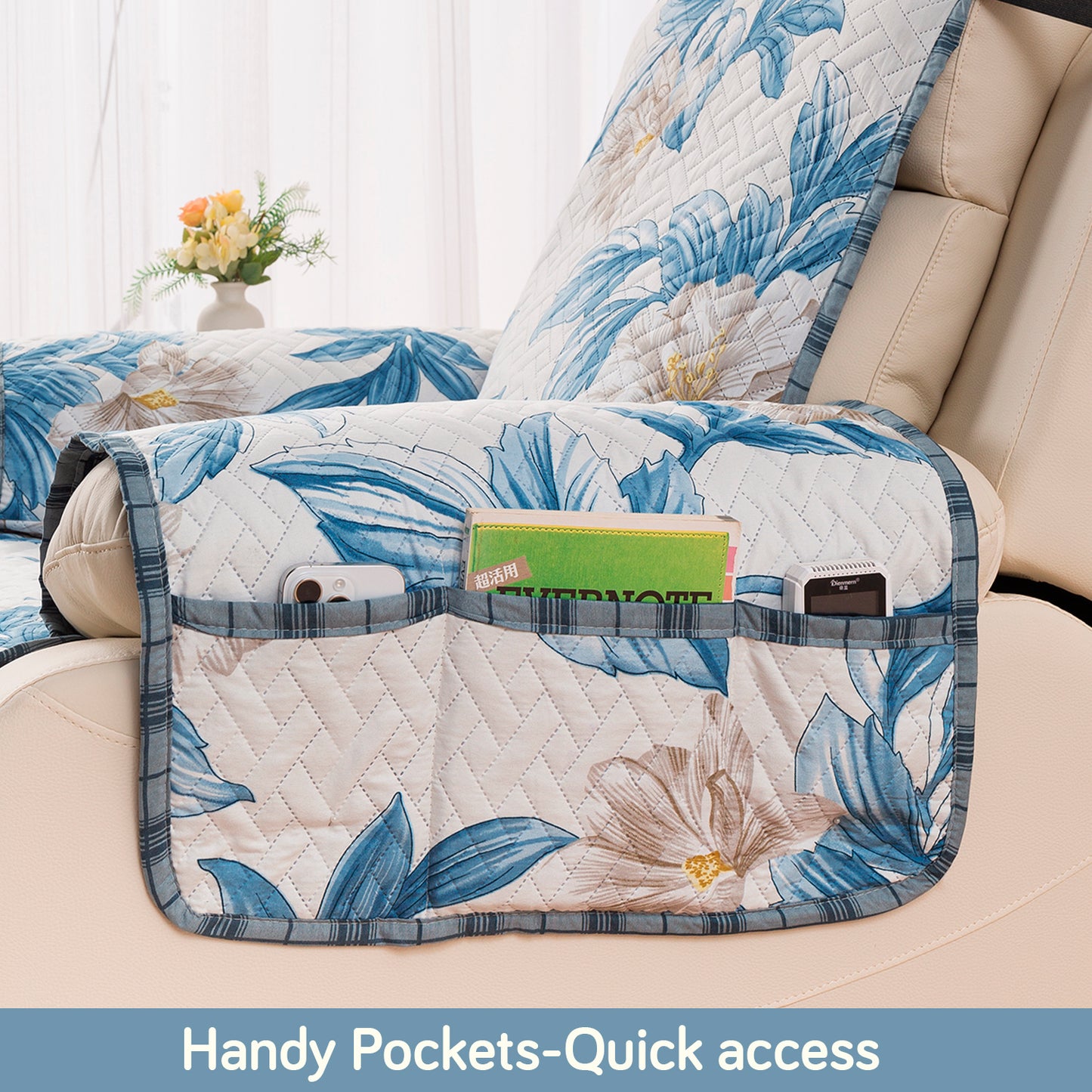Quilted Cover for Recliner Sofa with SecureFit Belt & Side Pocket, Celadon Blue Camellia