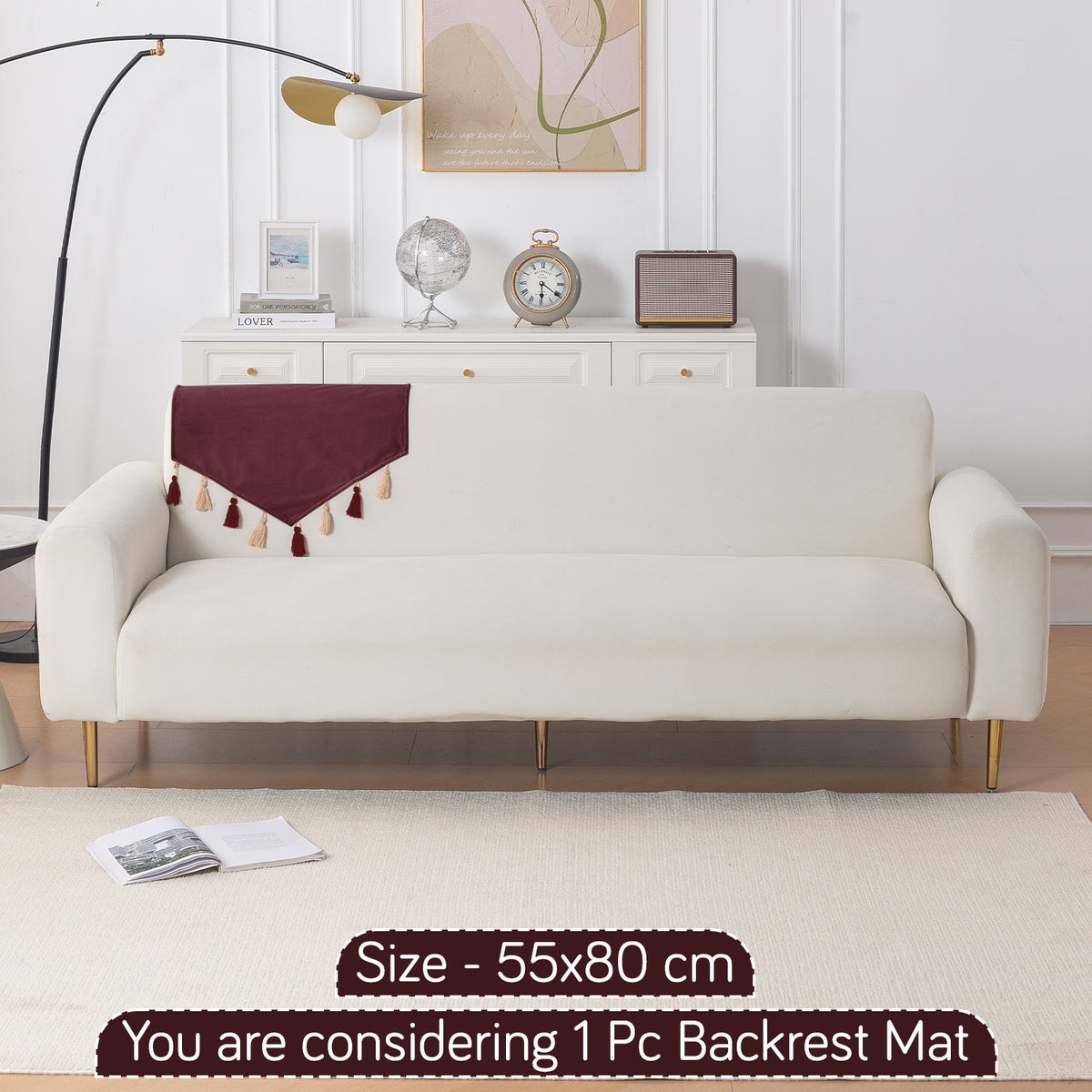 Tassel Tone Holland Velvet Sofa Cover Mat, Wine Red