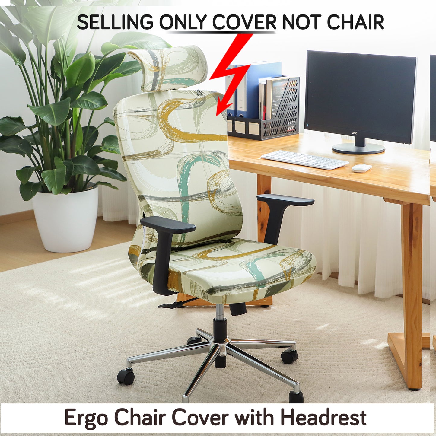 Printed Office Chair Cover with Headrest (High-Back) – 140 GSM Stretch Fabric – Washable, Anti-Slip Fit for Ergonomic Mesh Office Chairs, Parchement Beige Abstract Art