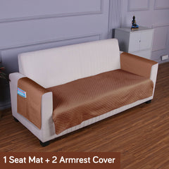 Quilted Sofa Cover Mat with 2 Armrest Covers Pockets, Brown