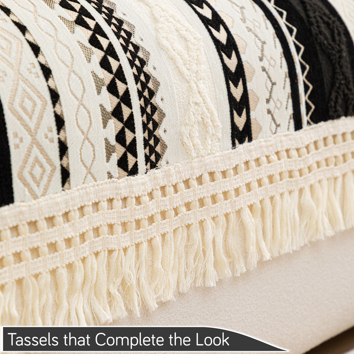 Nordic Boho Geometric Sofa Cover Mat with Tassel, 'Nordic Tassel Series'  Aurora Black