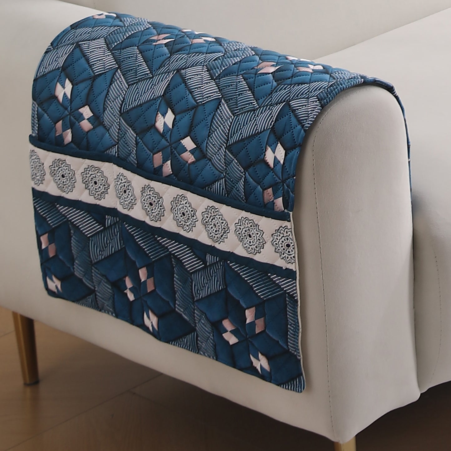 LiefNest Holland Velvet Sofa Cover Mat with Foam Filling - Geometric Floral Oriental Blue