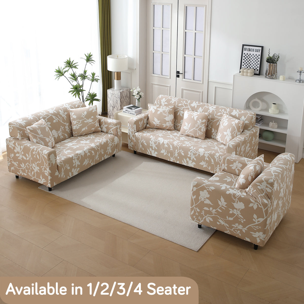 Buff brown silhouette floral print Elastic sofa cover sets for 1,2,3,4,5 & 7 seater sofas
