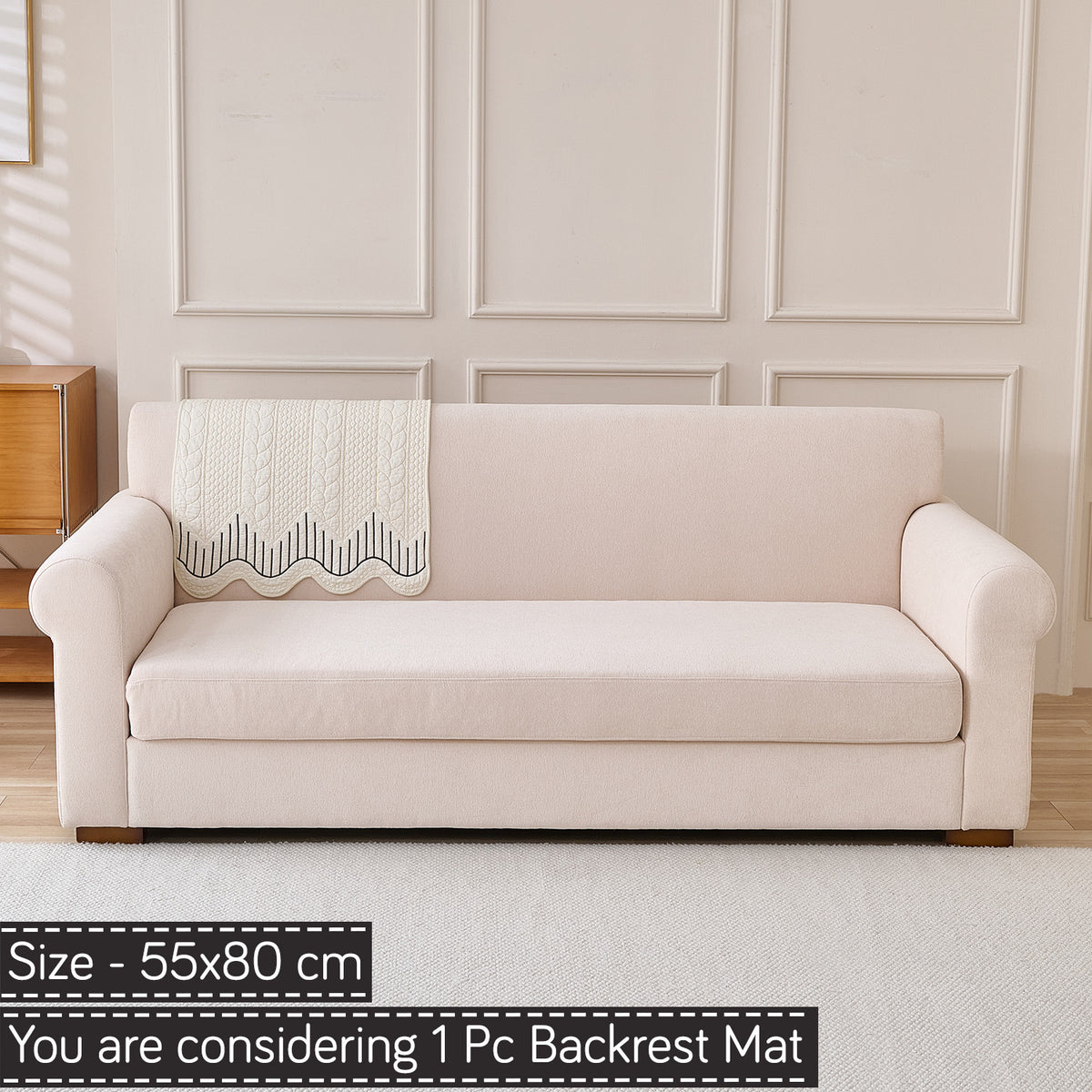 Cotton Reverie with a Curved Wavy Edge Sofa Mat, Midnight Cream