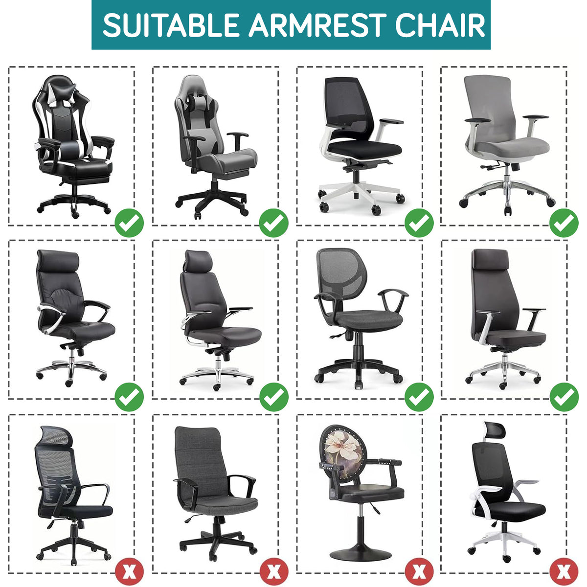 210gsm Jacquard Water Repellent Armrest Covers for Office Chair (Elastic Style), 1 Pair, Teal
