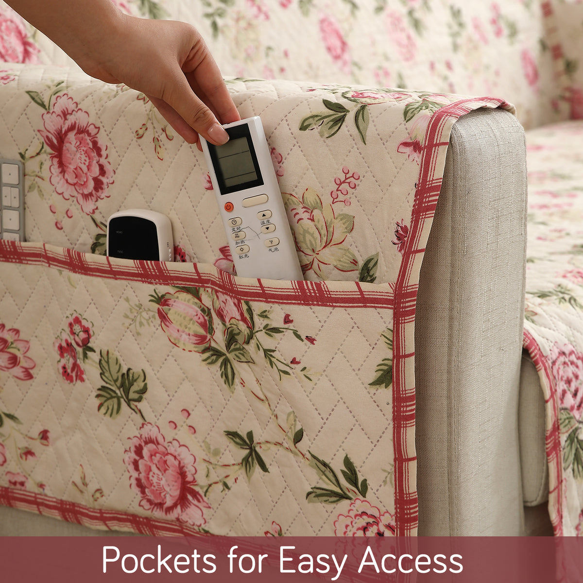Beige Peonies Printed quilted sofa cover set​ with handy side pocket