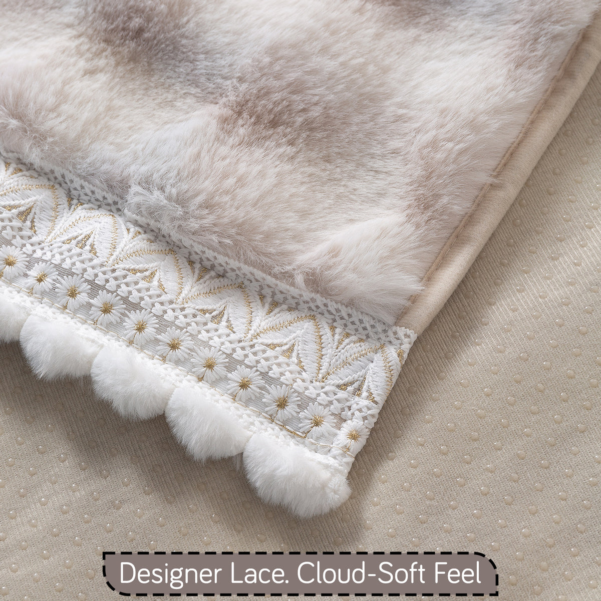 Faux Rabbit Fur Sofa Cover with Lace |Gradient Rabbit Plush, Cream