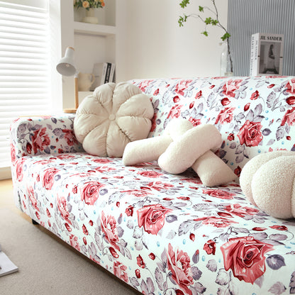 Premium Printed Velvet Sofa Cover 1/2/3 Seaters Fully Covered, Red Cottage Rose