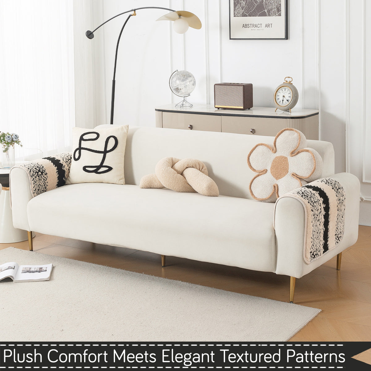 Luxury Plush Sherpa Anti-Slip Sofa Cover Mat, 'Noirea Series'| Textured Stripe