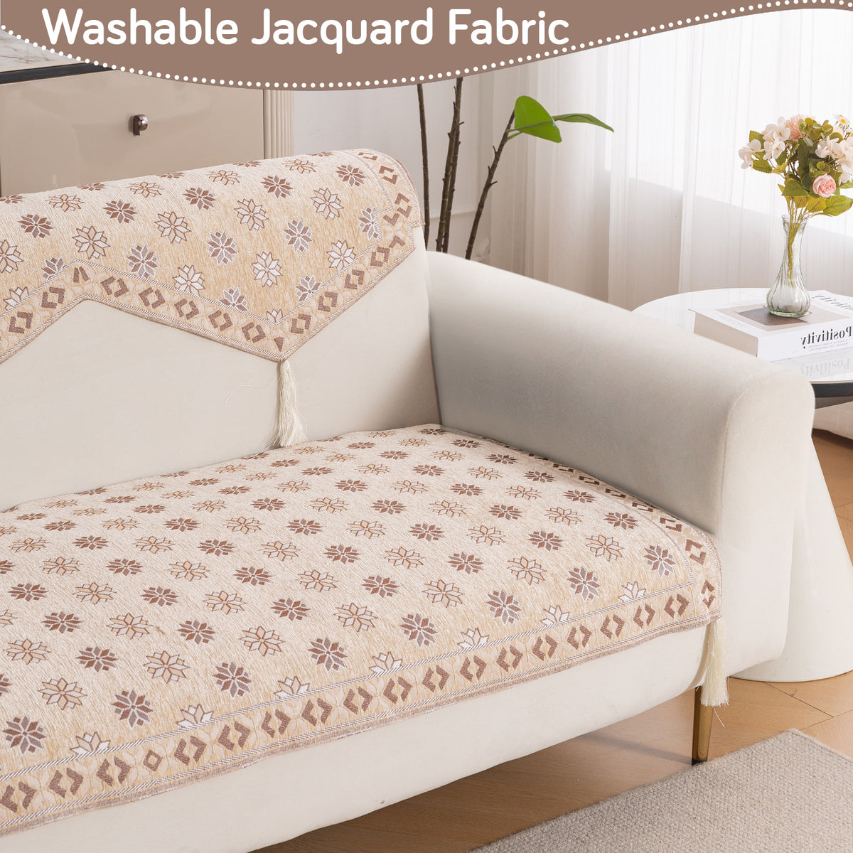 Heritage Weave Premium Jacquard Sofa Cover Set with Tassels - Sandy Beige