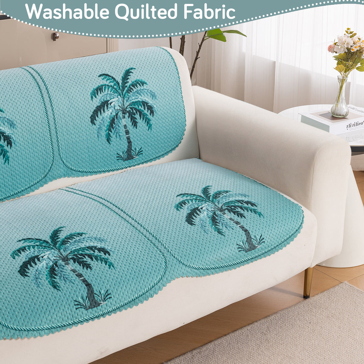 HeavenHue Fleece Soft Touch Quilted Sofa Cover Set Washable Sofa Panel for Seat & Back - Island Breeze