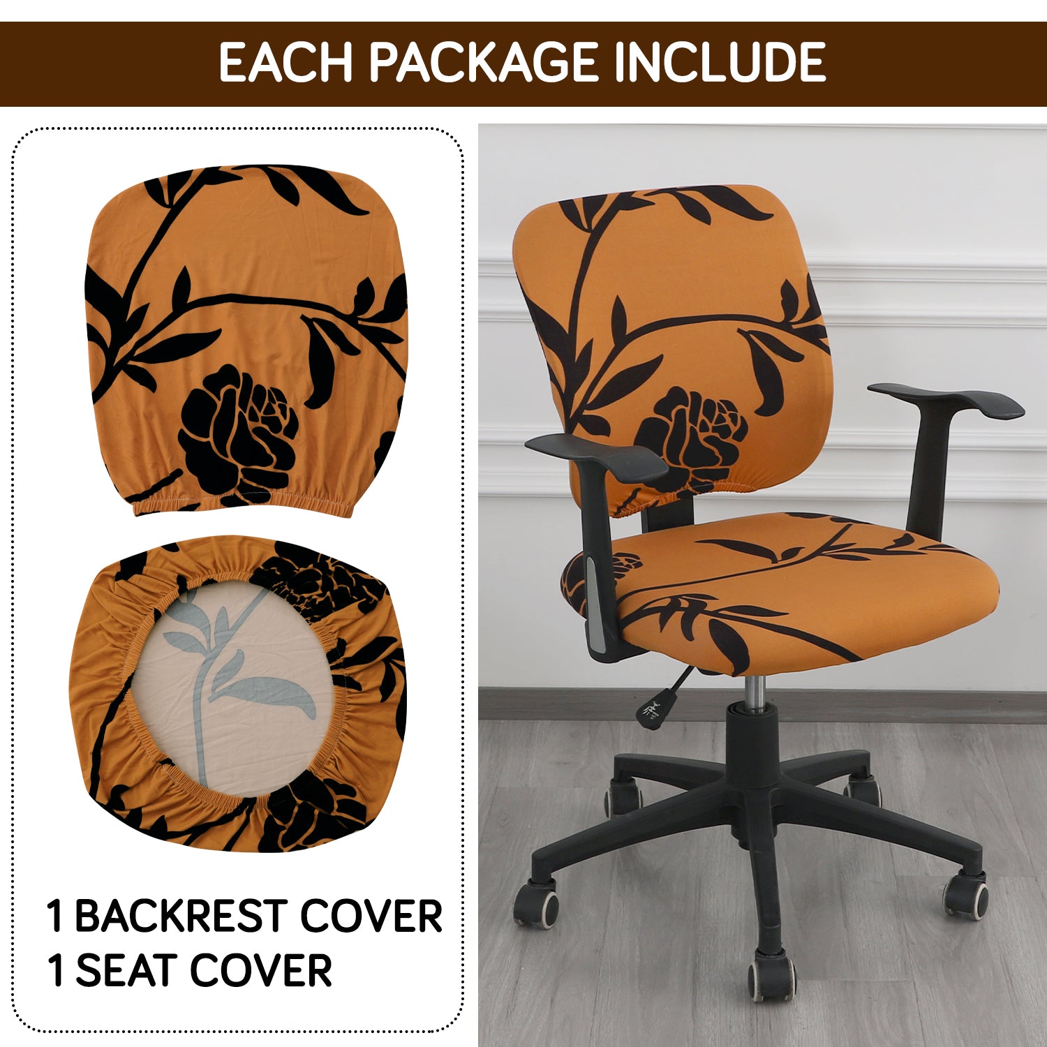 3 piece Copper Brown Floral Print Stretchable regular office chair seat covers