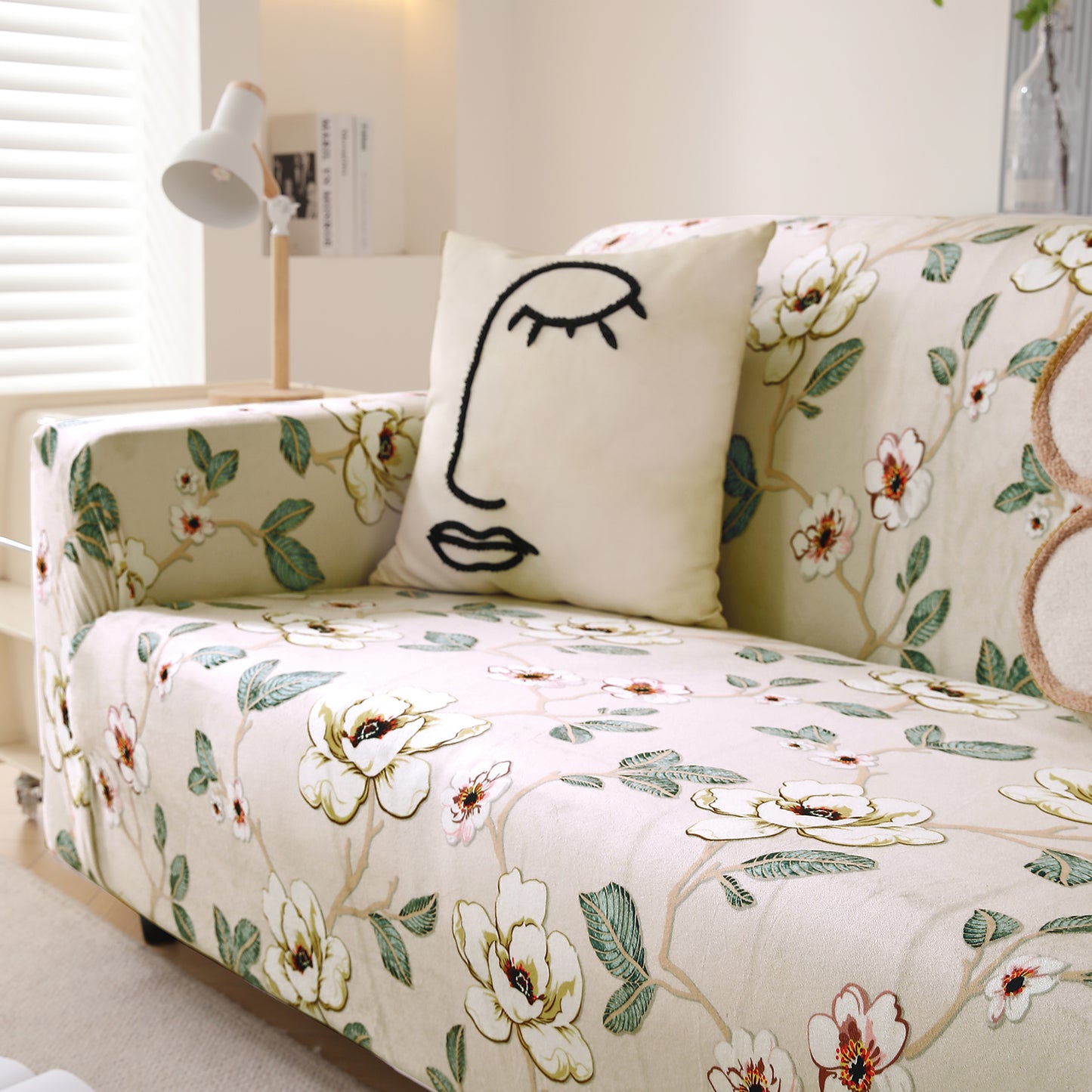 Premium Printed Velvet Sofa Cover 1/2/3 Seaters Fully Covered, Buttercream Magnolia Whisper