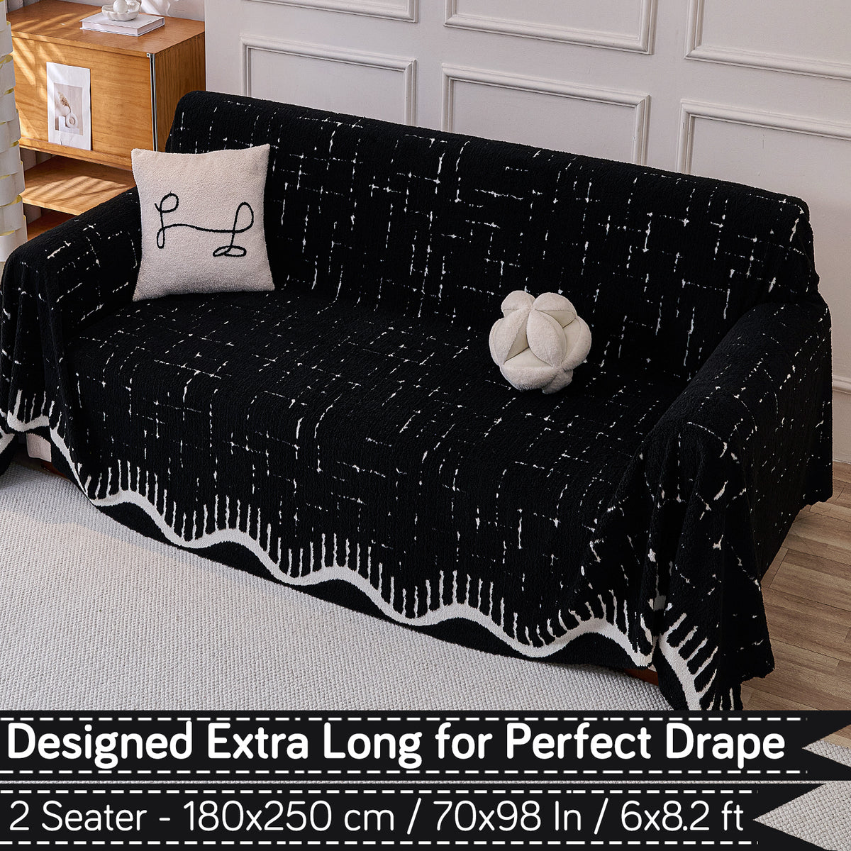 Buy Black Colour Supple Soft Wavy Plush Sofa Throw – 2 Seater Sofas | HOKIPO