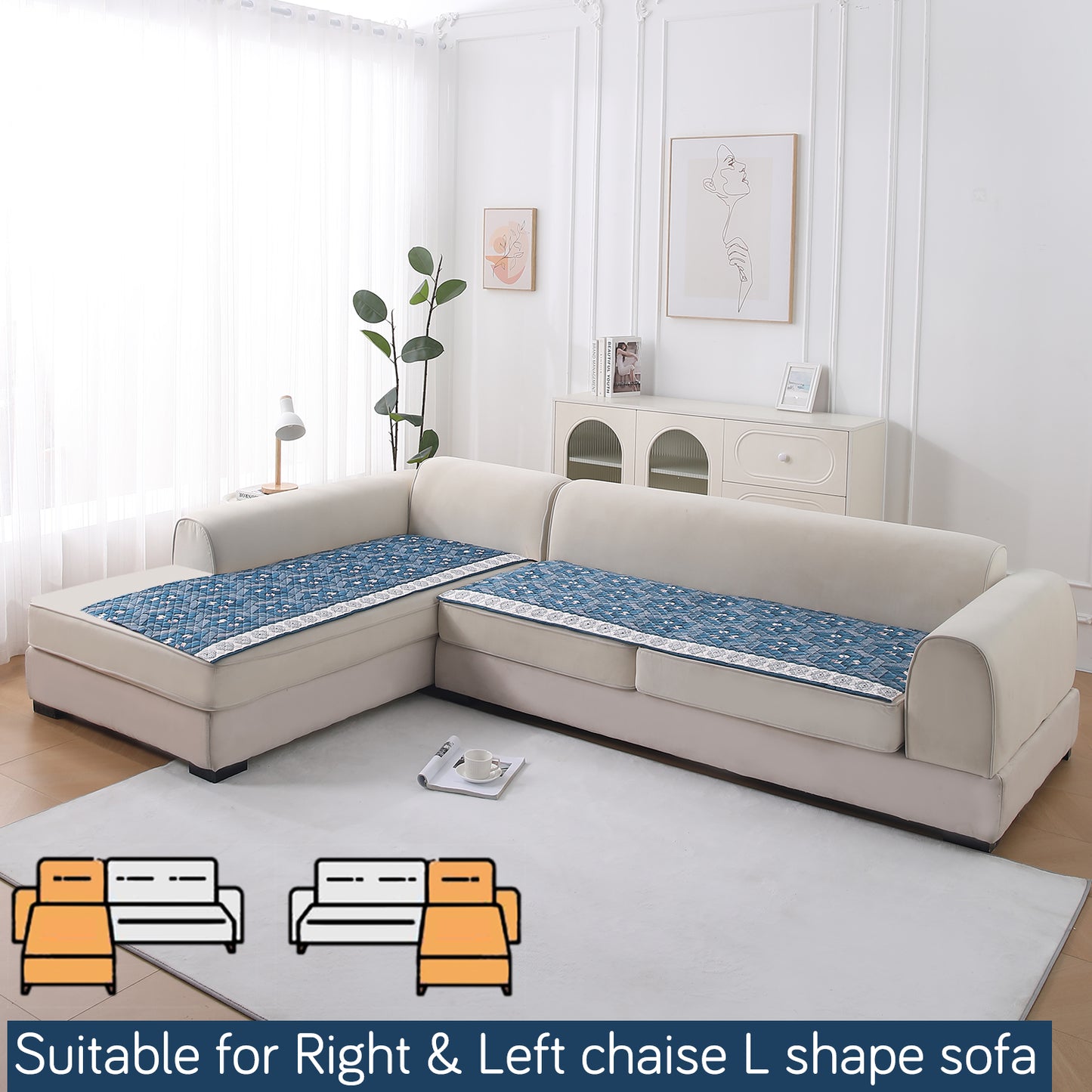 LiefNest Printed Holland Velvet L Shape Sofa Seat Mat with Foam Filling - Geometric Floral Oriental Blue