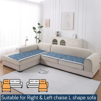 LiefNest Printed Holland Velvet L Shape Sofa Seat Mat with Foam Filling - Geometric Floral Oriental Blue