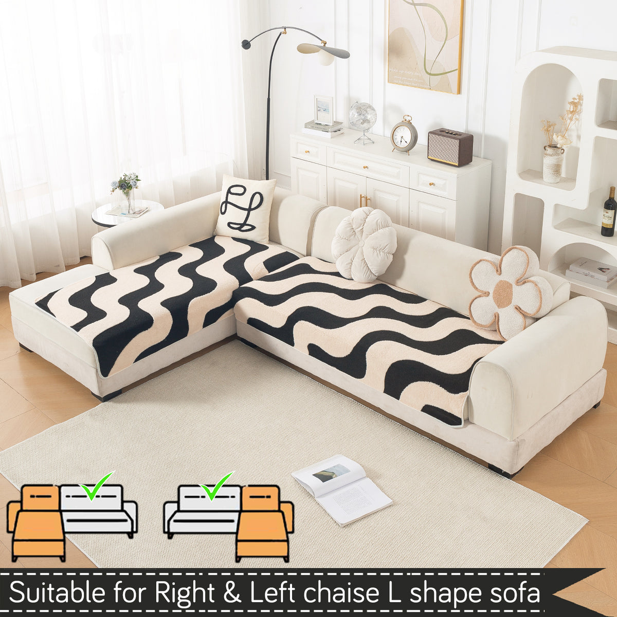 Luxury Plush Sherpa Anti Slip Combination Sofa Mat, 'Noirea Series'|Wavy Stripe