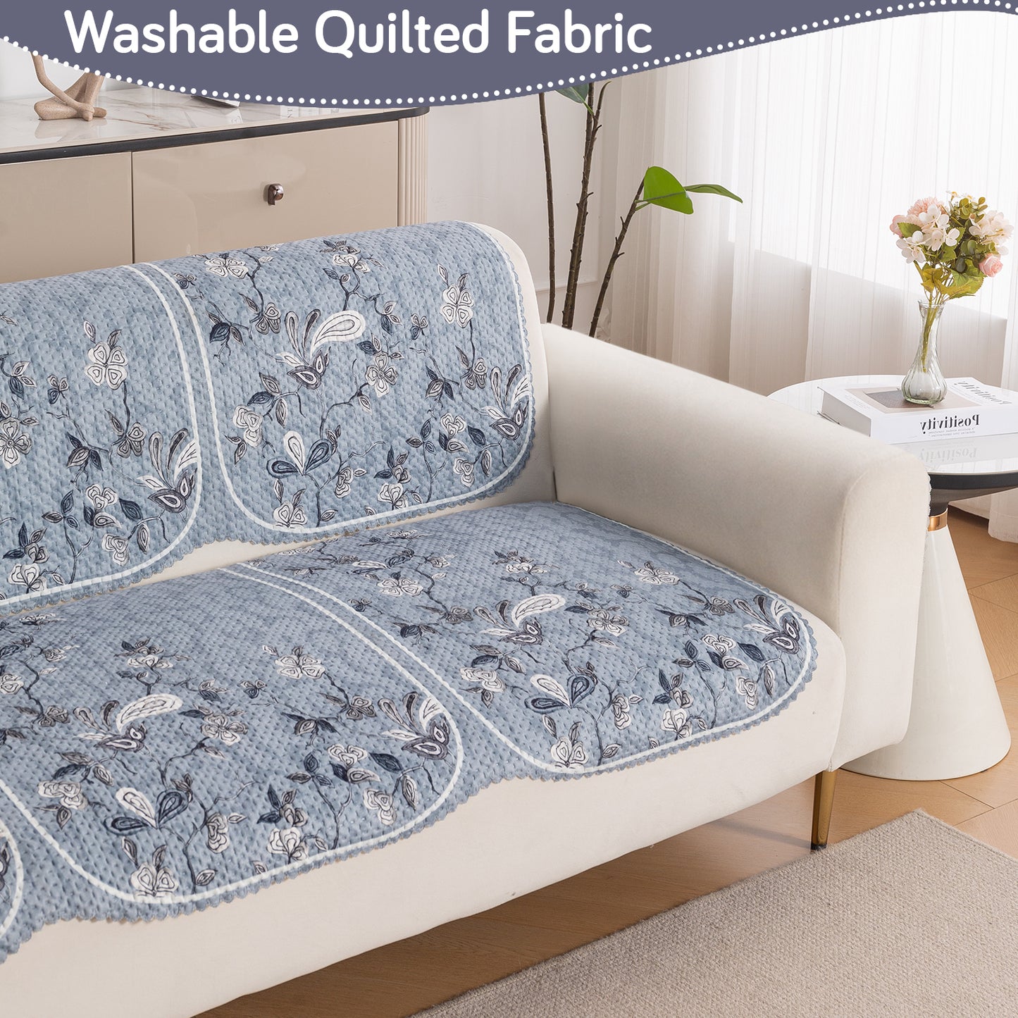 HeavenHue Fleece Soft Touch Quilted Sofa Cover Set Washable Sofa Panel for Seat & Back - Frosted Petals