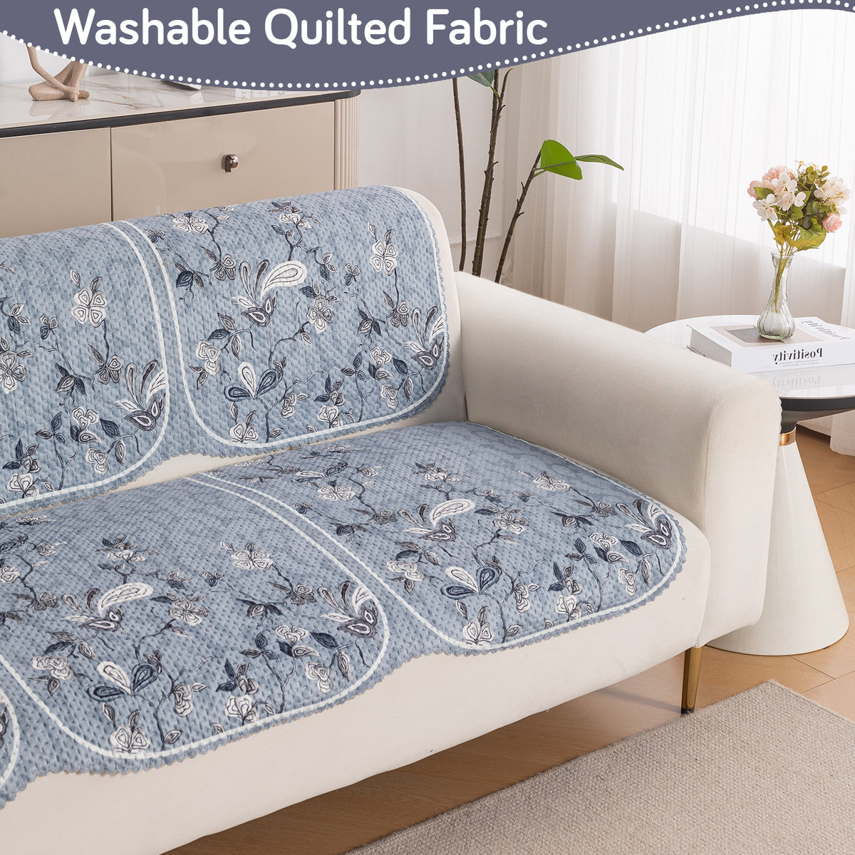 HeavenHue Fleece Soft Touch Quilted Sofa Cover Set Washable Sofa Panel for Seat & Back - Frosted Petals