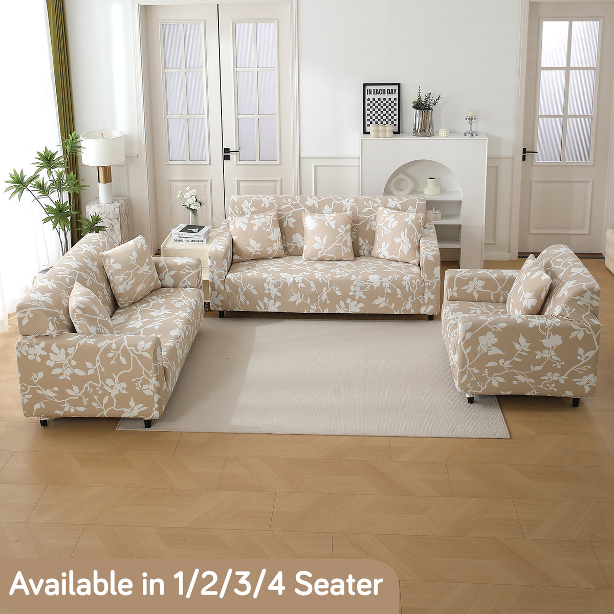 Buff brown silhouette floral print modern elastic sofa cover sets for 1,2,3,4,5 & 7 seater sofas
