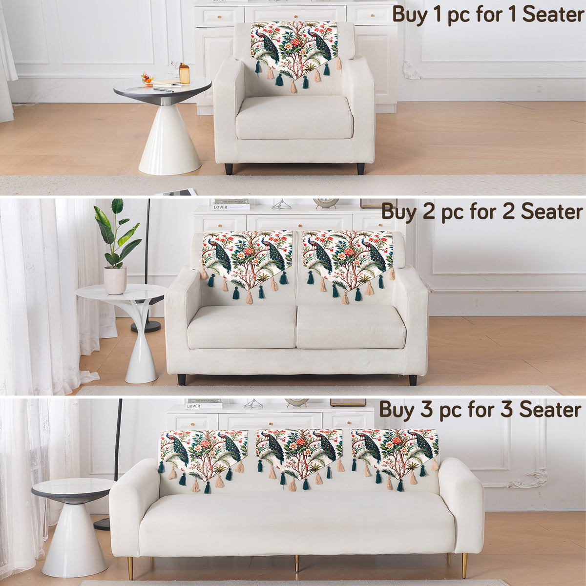 'Whispers of Nature' Series Holland Velvet Sofa Mat with Tassel, Multicolor Tropical Peacock