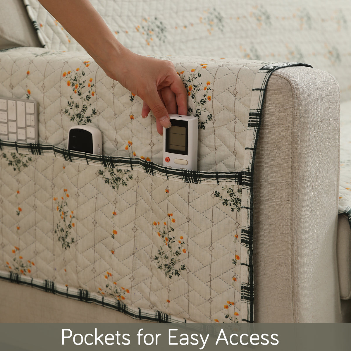 Light Green Ash Gypsy Floral  Printed quilted sofa cover set​ with handy side pocket