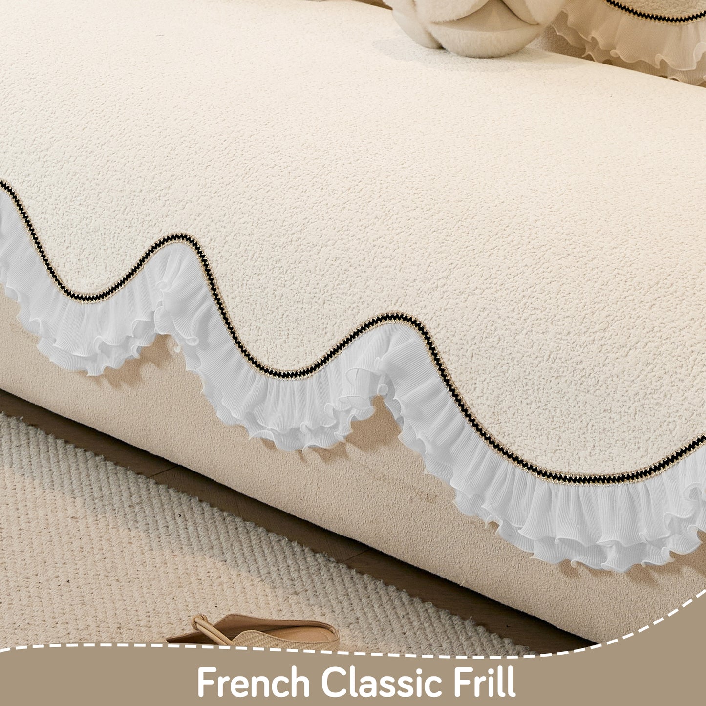 French Classic Frill Wavy Sofa Cover Mat with Curve & Lace - Snow White Ivory