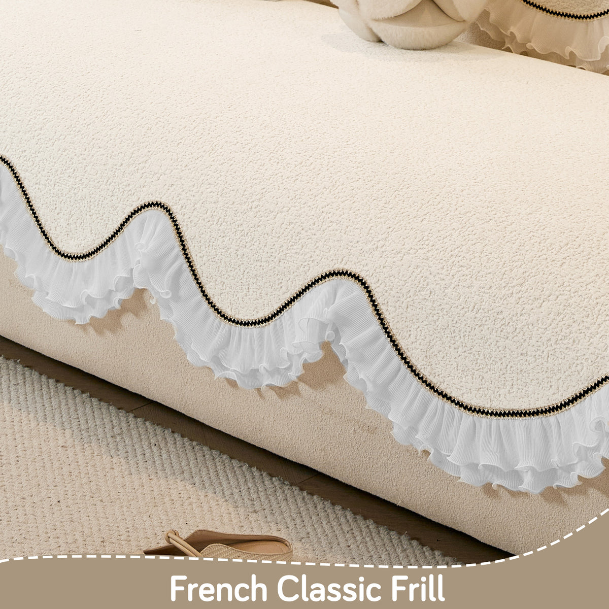 French Classic Frill Wavy Sofa Cover Mat with Curve & Lace - Snow White Ivory