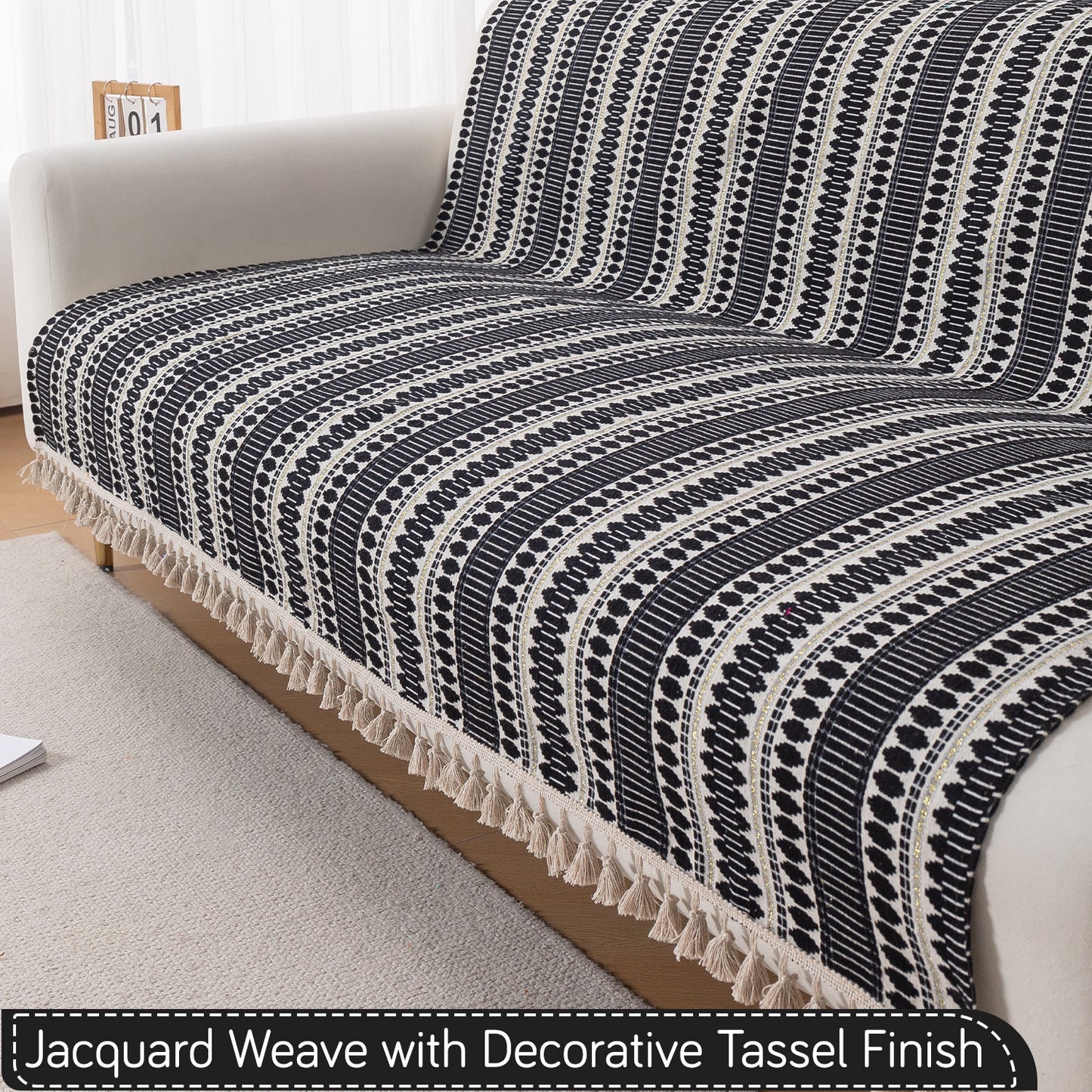Artisan Boho Series 5-Seater Sofa Cover with Tassels (3+1+1), Charcoal Black