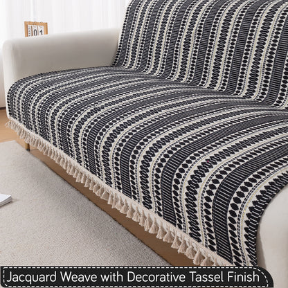 Artisan Boho Series 5-Seater Sofa Cover with Tassels (3+1+1), Charcoal Black