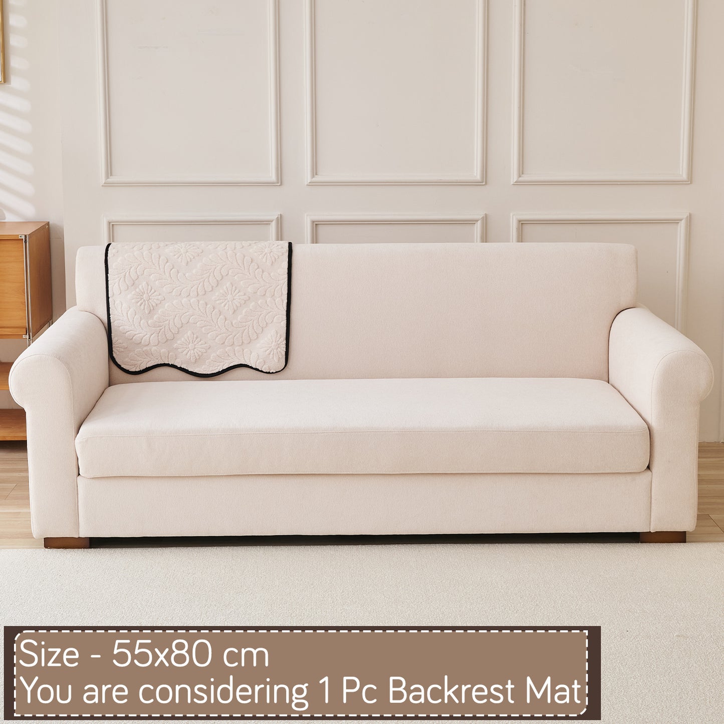 Embossed Floral Jacquard Anti-Slip Sofa Cover Mat, 'Wavy Petal Crest Series' Light Cream