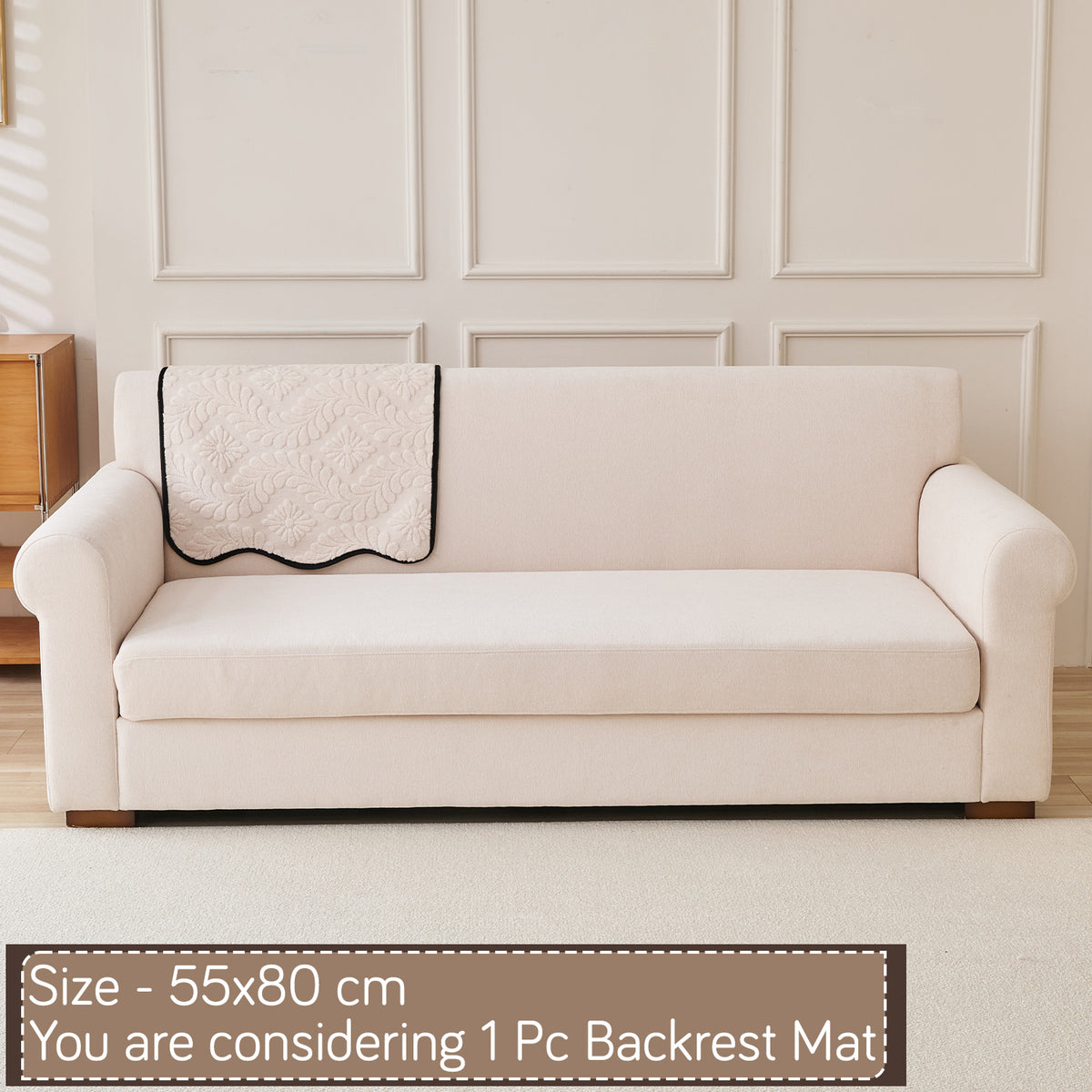 Embossed Floral Jacquard Anti-Slip Sofa Cover Mat, 'Wavy Petal Crest Series' Light Cream