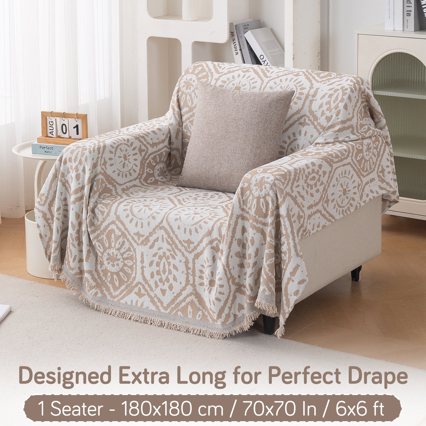 Premium 320 GSM Chenille Sofa Cover Throw All Season 'Serene Abode Series', Boho Floral Tile