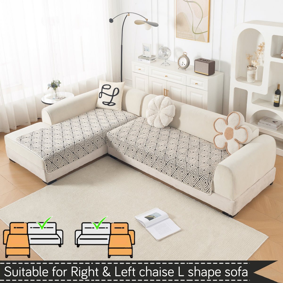 Luxury Plush Sherpa Anti Slip Combination Sofa Mat, 'Noirea Series'|Geometric Diamond